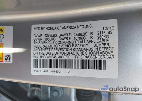 2020 Honda Accord Ex from USA, damaged, VIN 1HGCV1F48LA039790